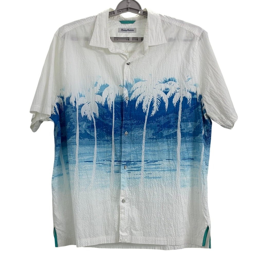 Tommy Bahama Shirt XL White Blue Palm Tree Print Seersucker Cotton Blend